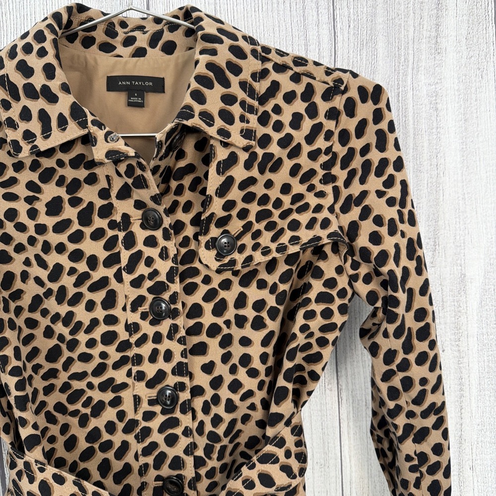 Ann Taylor Jacket Womens 6 Black Tan Cheetah Leopard Animal Print Belted Coat - Picture 11 of 14